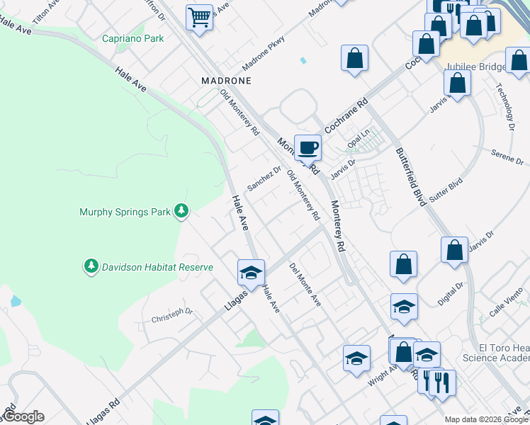 map of restaurants, bars, coffee shops, grocery stores, and more near 18397 Hampshire Court in Morgan Hill