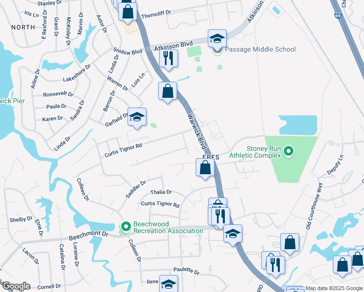 map of restaurants, bars, coffee shops, grocery stores, and more near 378 Susan Constant Drive in Newport News