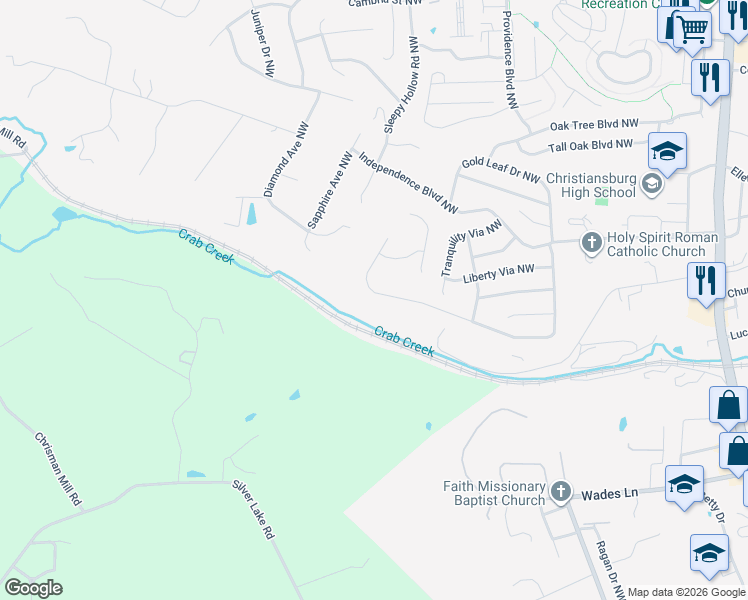 map of restaurants, bars, coffee shops, grocery stores, and more near 810 George Edward Via in Christiansburg