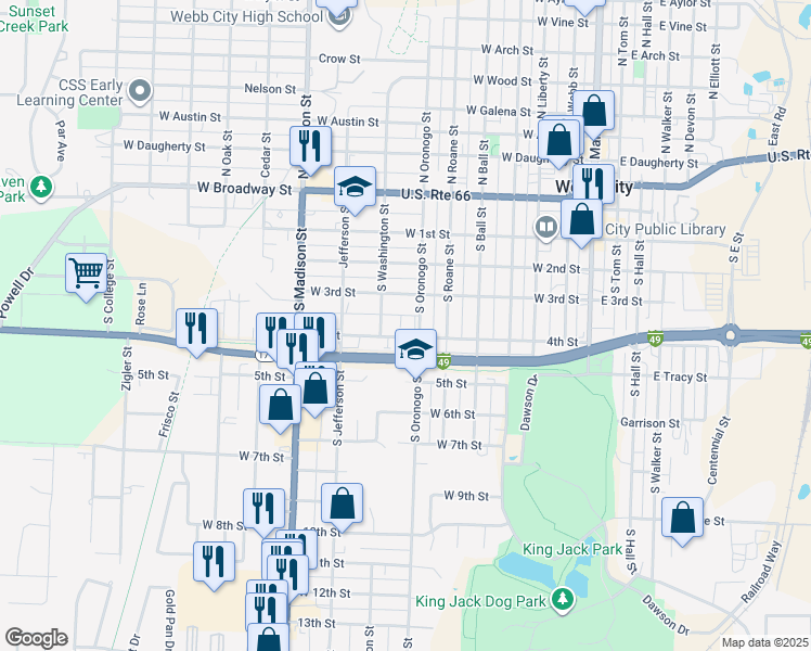 map of restaurants, bars, coffee shops, grocery stores, and more near 400-418 South Oronogo Street in Webb City