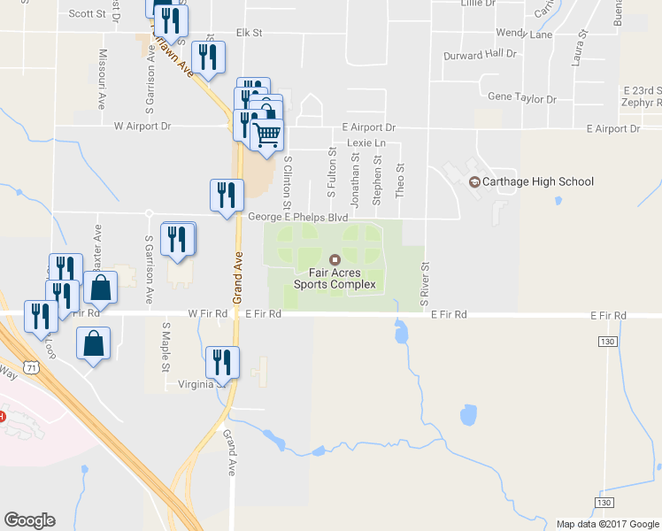 map of restaurants, bars, coffee shops, grocery stores, and more near 899 East Fir Road in Carthage