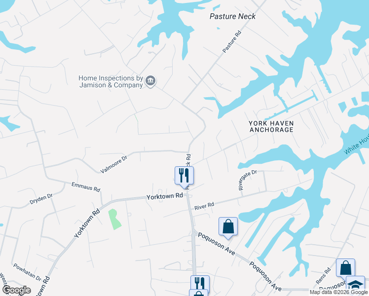 map of restaurants, bars, coffee shops, grocery stores, and more near 14 Hunts Neck Road in Poquoson