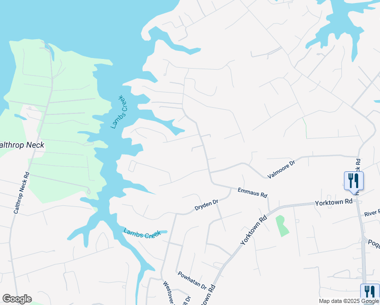 map of restaurants, bars, coffee shops, grocery stores, and more near 113 Emmaus Road in Poquoson