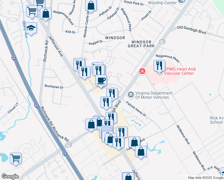 map of restaurants, bars, coffee shops, grocery stores, and more near 101 Stoney Creek Lane in Newport News