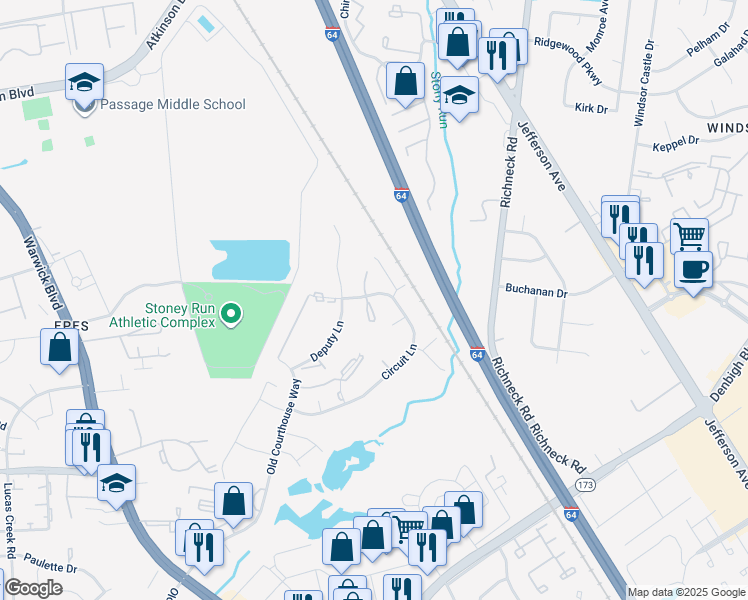 map of restaurants, bars, coffee shops, grocery stores, and more near 308 Circuit Lane in Newport News