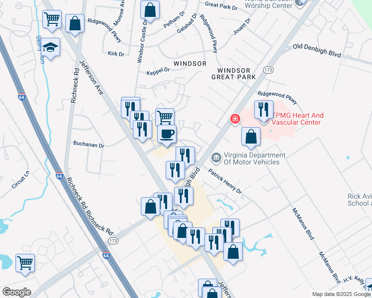 map of restaurants, bars, coffee shops, grocery stores, and more near 650 Stoney Creek Lane in Newport News