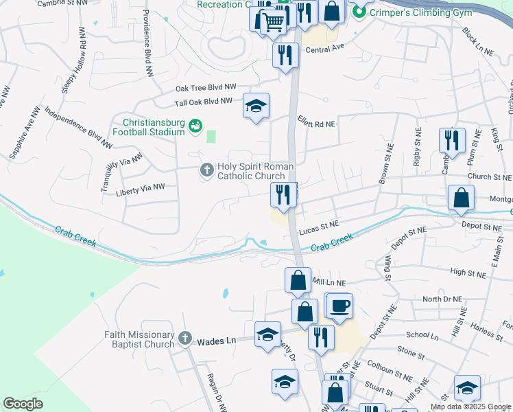 map of restaurants, bars, coffee shops, grocery stores, and more near 140 Scattergood Drive Northeast in Christiansburg