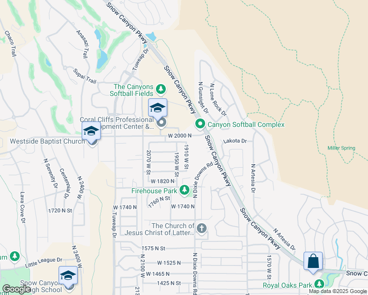 map of restaurants, bars, coffee shops, grocery stores, and more near 1955 1910 West Street in St. George