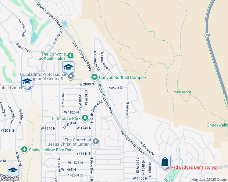 map of restaurants, bars, coffee shops, grocery stores, and more near 1722 Lakota Drive in St. George