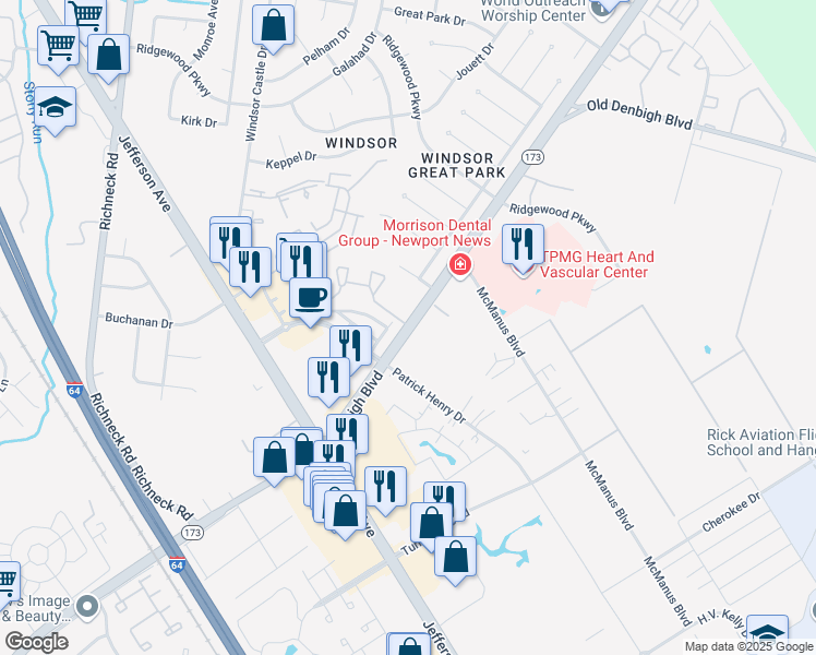 map of restaurants, bars, coffee shops, grocery stores, and more near in Newport News