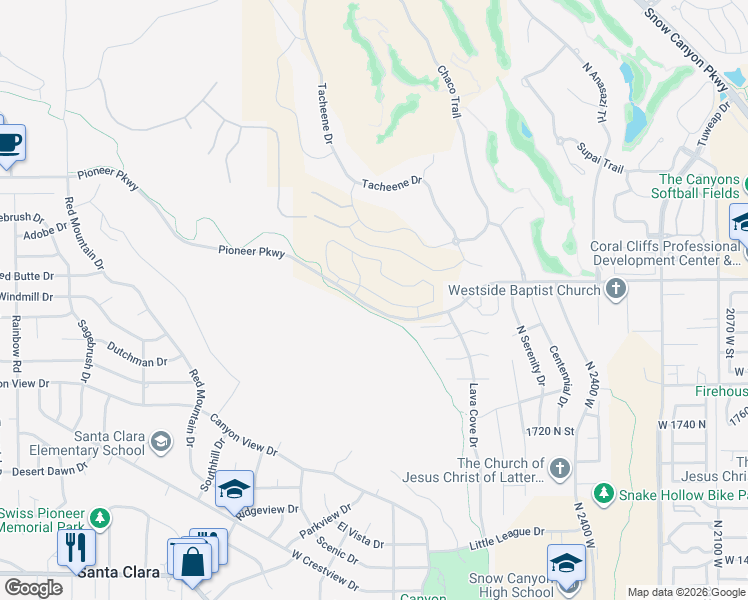 map of restaurants, bars, coffee shops, grocery stores, and more near 2590 Pioneer Parkway in Santa Clara