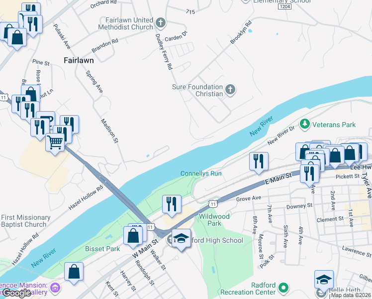 map of restaurants, bars, coffee shops, grocery stores, and more near 5997 Dudley Ferry Road in Radford