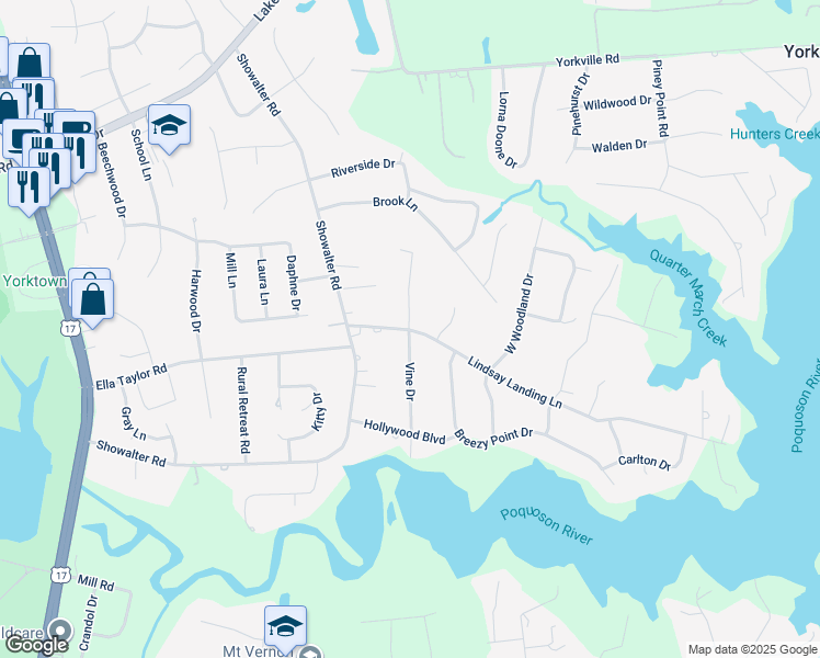 map of restaurants, bars, coffee shops, grocery stores, and more near 200 Vine Drive in Yorktown