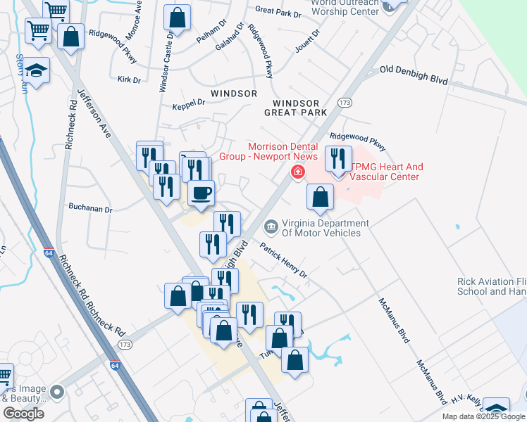 map of restaurants, bars, coffee shops, grocery stores, and more near 1 Cedarwood Way in Newport News