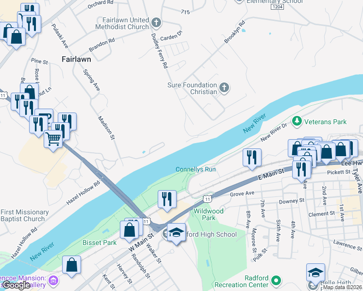 map of restaurants, bars, coffee shops, grocery stores, and more near 5997 Dudley Ferry Road in Radford