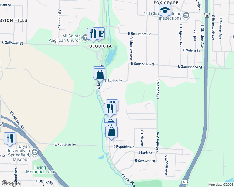 map of restaurants, bars, coffee shops, grocery stores, and more near 3900 South Lone Pine Avenue in Springfield