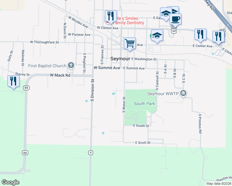 map of restaurants, bars, coffee shops, grocery stores, and more near 601 Boardwalk in Seymour