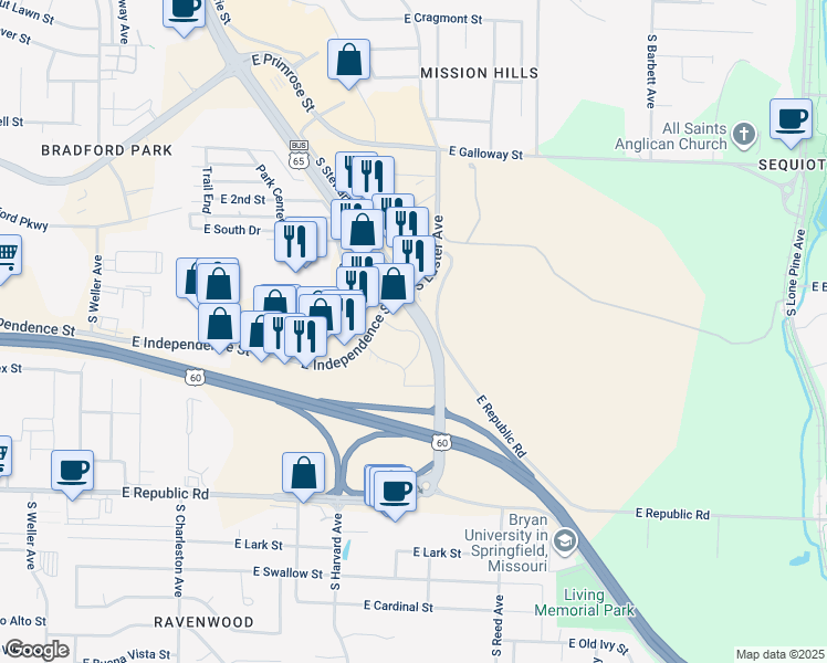 map of restaurants, bars, coffee shops, grocery stores, and more near 2104 East Republic Court in Springfield