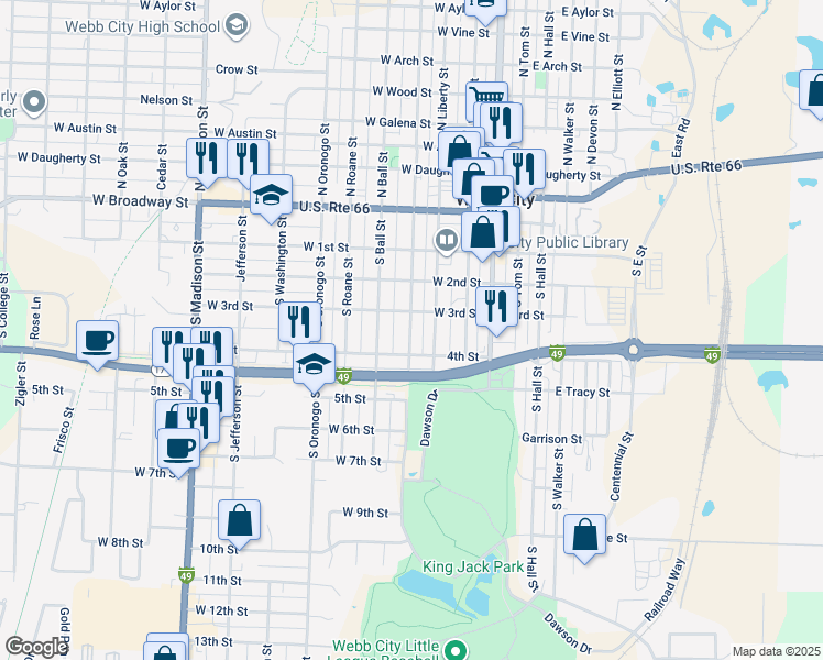 map of restaurants, bars, coffee shops, grocery stores, and more near 421 W 3rd St in Webb City