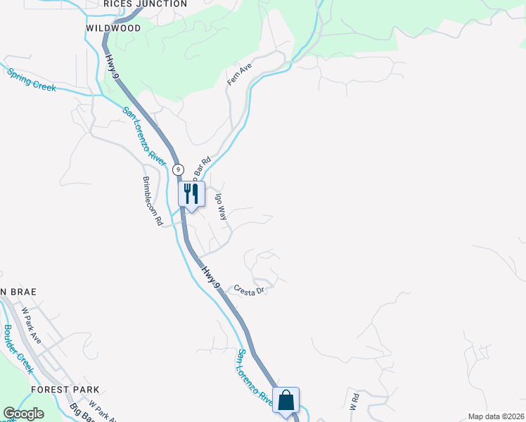 map of restaurants, bars, coffee shops, grocery stores, and more near 411 Brook Drive in Boulder Creek
