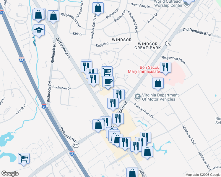 map of restaurants, bars, coffee shops, grocery stores, and more near Stoney Creek Lane in Newport News