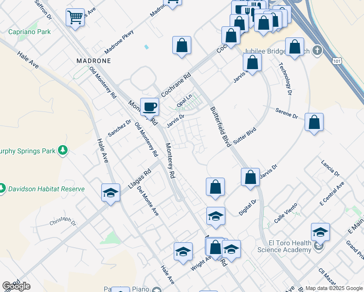map of restaurants, bars, coffee shops, grocery stores, and more near 18319 Pasadas Lane in Morgan Hill