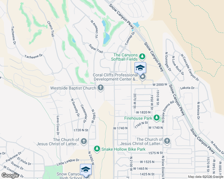 map of restaurants, bars, coffee shops, grocery stores, and more near 2223 West 2000 North in St. George