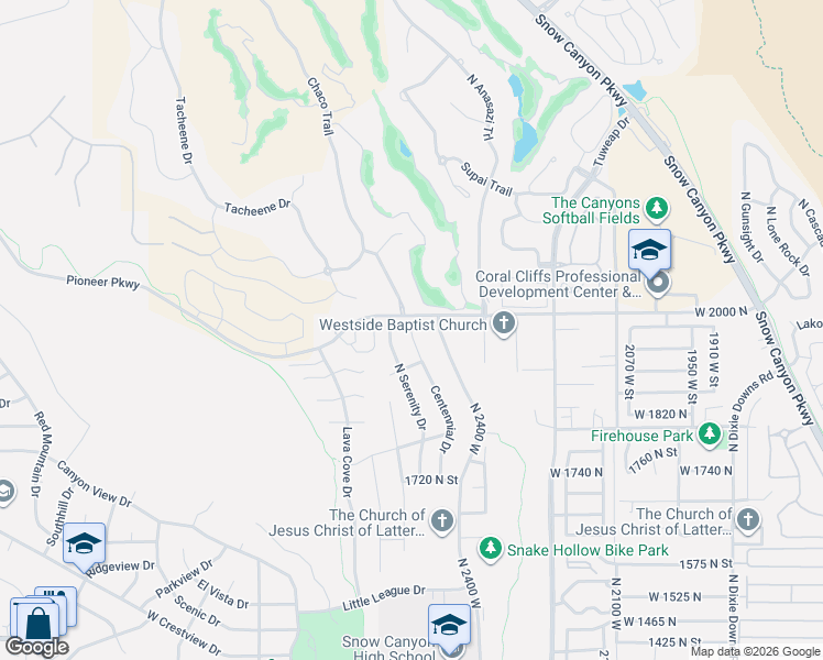 map of restaurants, bars, coffee shops, grocery stores, and more near 1988 North Serenity Drive in St. George