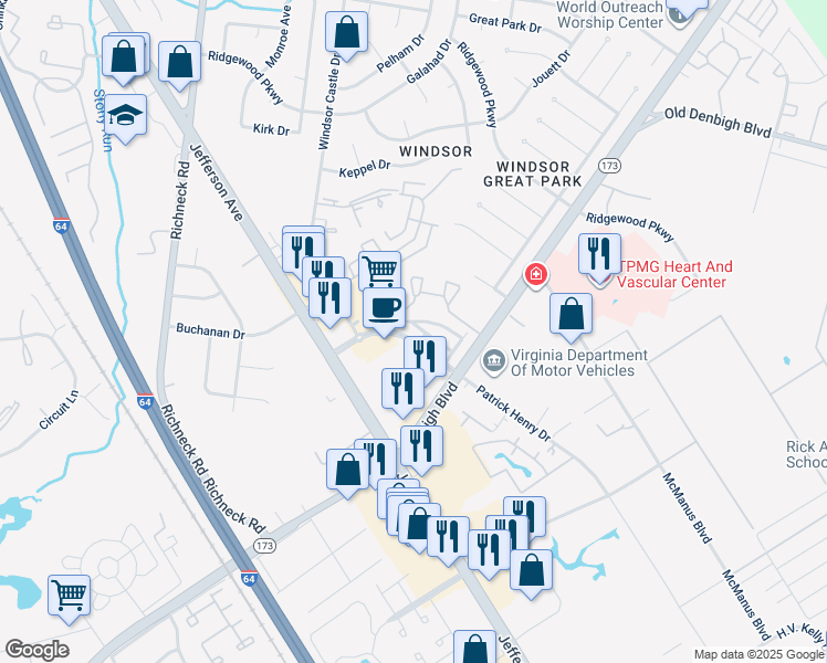 map of restaurants, bars, coffee shops, grocery stores, and more near 718 River Rock Way in Newport News