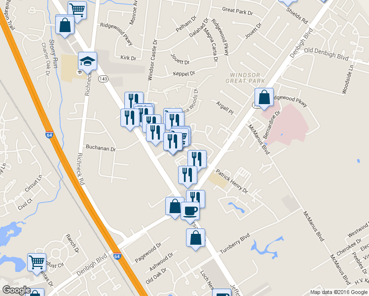 map of restaurants, bars, coffee shops, grocery stores, and more near 649 Stoney Creek Lane in Newport News