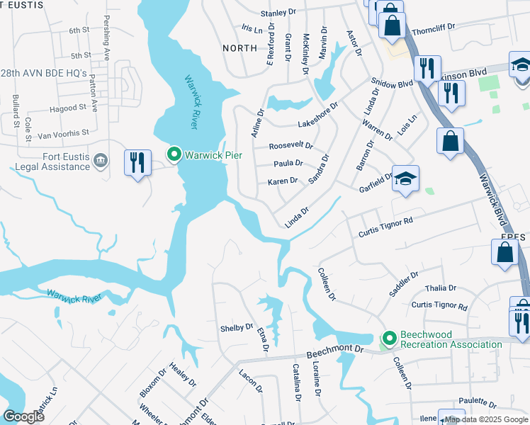 map of restaurants, bars, coffee shops, grocery stores, and more near 87 Linda Drive in Newport News
