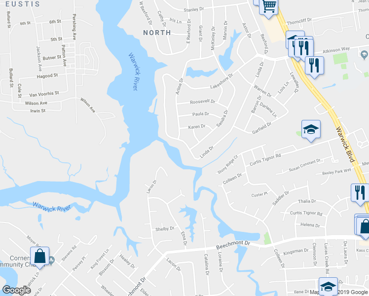 map of restaurants, bars, coffee shops, grocery stores, and more near 87 Linda Drive in Newport News