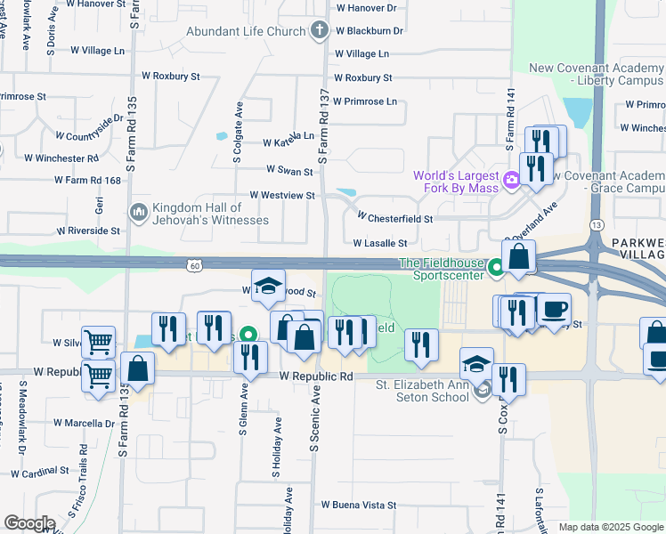 map of restaurants, bars, coffee shops, grocery stores, and more near James River Fwy in Springfield