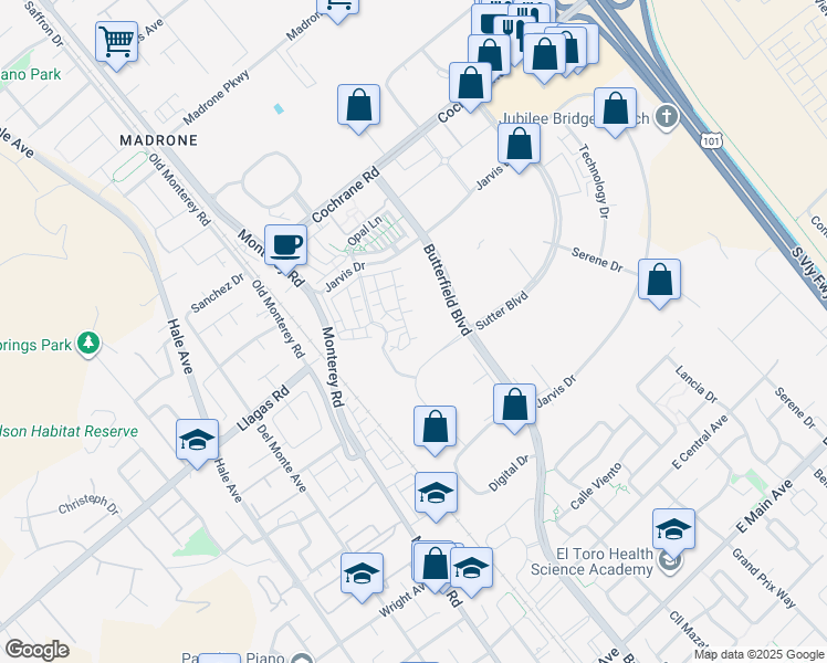 map of restaurants, bars, coffee shops, grocery stores, and more near 18308 Palomares Lane in Morgan Hill