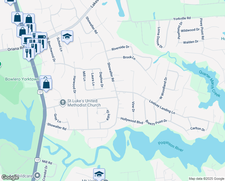 map of restaurants, bars, coffee shops, grocery stores, and more near 913 Showalter Road in Yorktown