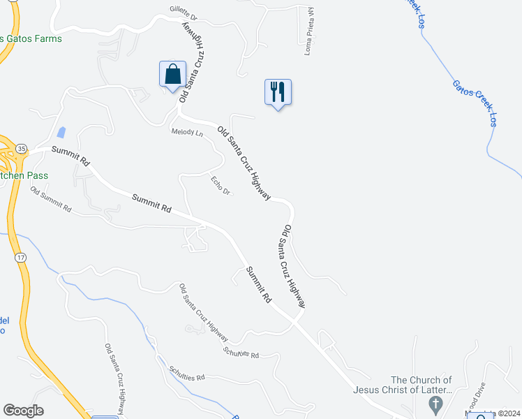 map of restaurants, bars, coffee shops, grocery stores, and more near 22561 Old Santa Cruz Highway in Los Gatos