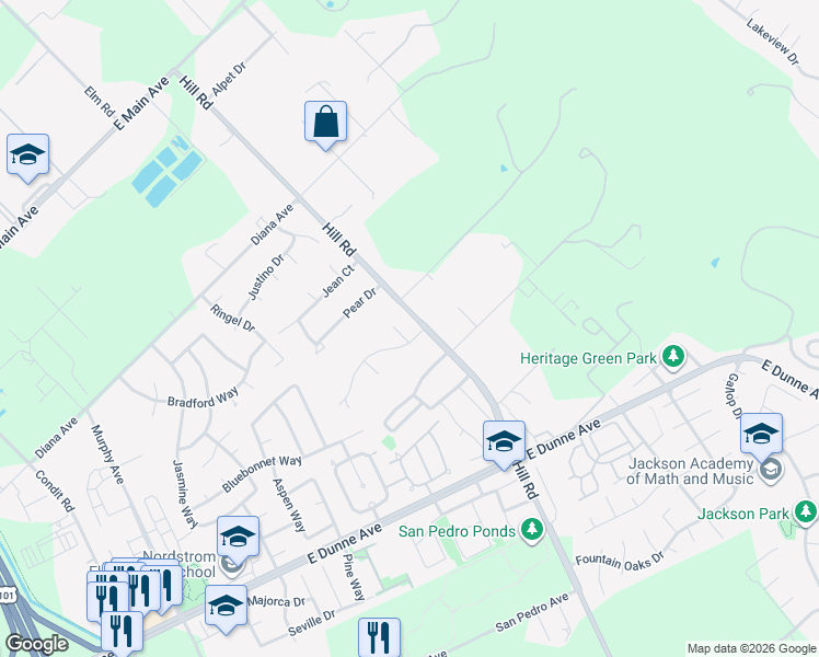 map of restaurants, bars, coffee shops, grocery stores, and more near 17235 Hill Road in Morgan Hill