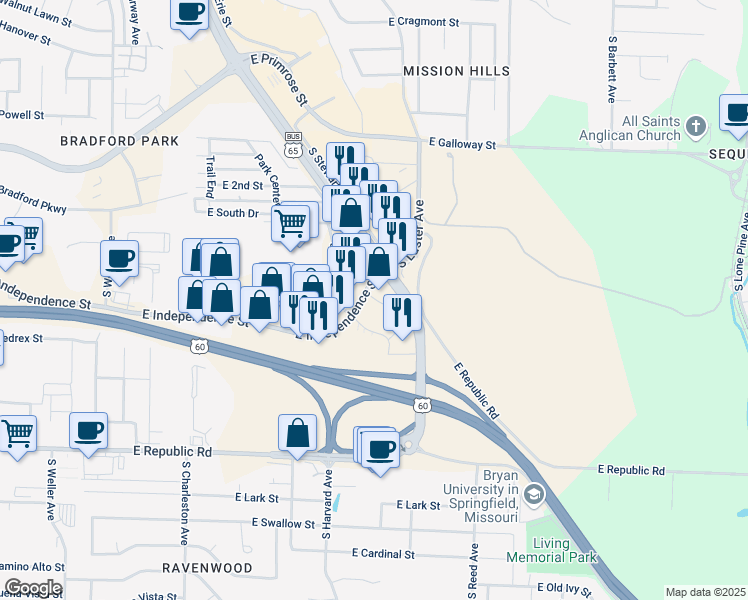 map of restaurants, bars, coffee shops, grocery stores, and more near 2104 East Republic Court in Springfield