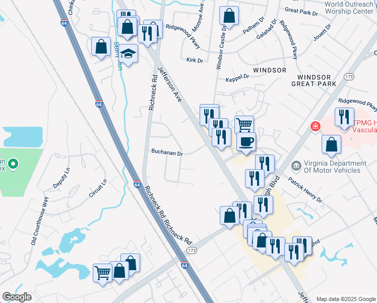 map of restaurants, bars, coffee shops, grocery stores, and more near 27 Prince William Road in Newport News