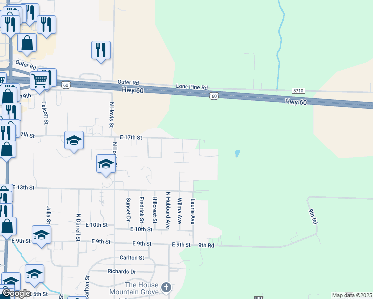 map of restaurants, bars, coffee shops, grocery stores, and more near 16060 Wilma Street in Mountain Grove