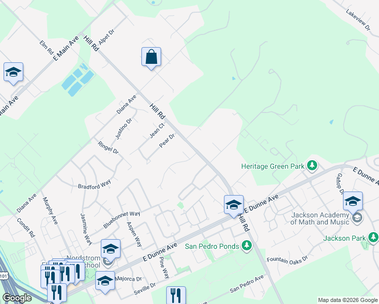 map of restaurants, bars, coffee shops, grocery stores, and more near 17285 Hill Road in Morgan Hill