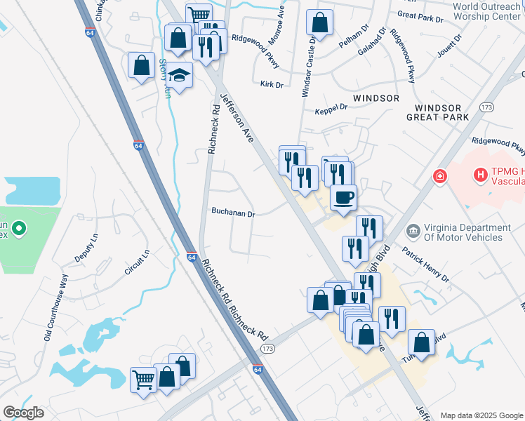 map of restaurants, bars, coffee shops, grocery stores, and more near 27 Prince William Road in Newport News