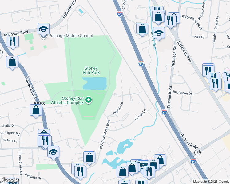 map of restaurants, bars, coffee shops, grocery stores, and more near 374 Deputy Lane in Newport News