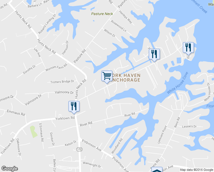 map of restaurants, bars, coffee shops, grocery stores, and more near 2 Bennett Farm Rd in Poquoson