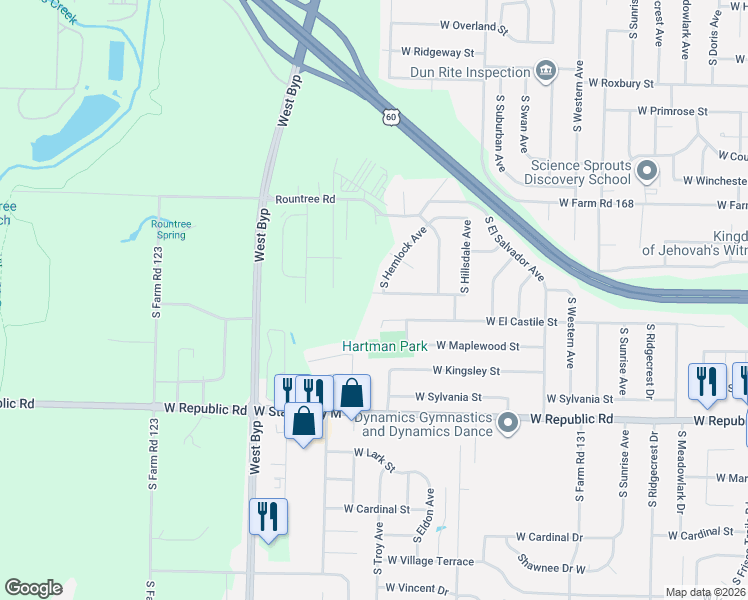 map of restaurants, bars, coffee shops, grocery stores, and more near 3840 West Wilderness Street in Springfield