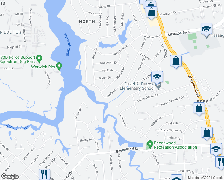 map of restaurants, bars, coffee shops, grocery stores, and more near 66 Linda Drive in Newport News