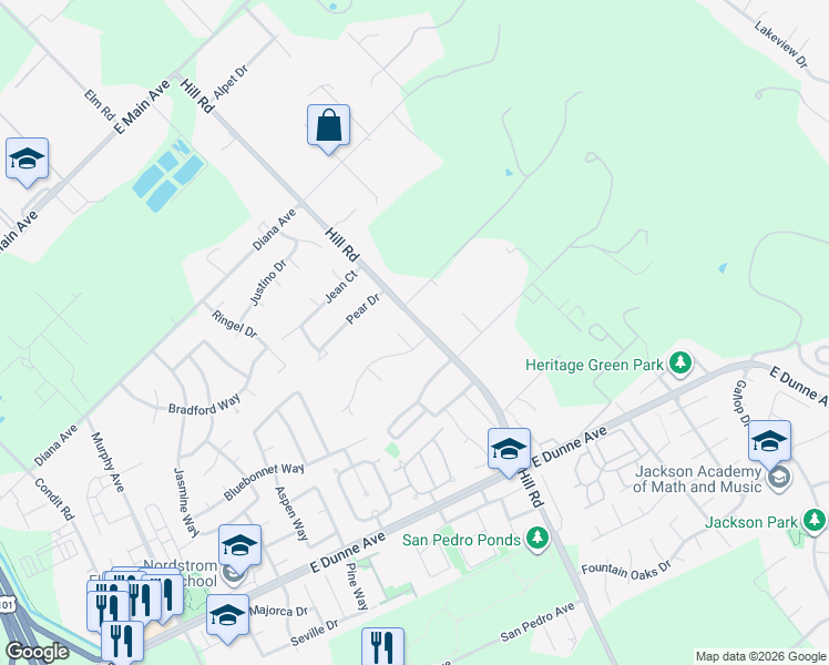 map of restaurants, bars, coffee shops, grocery stores, and more near 17235 Hill Road in Morgan Hill