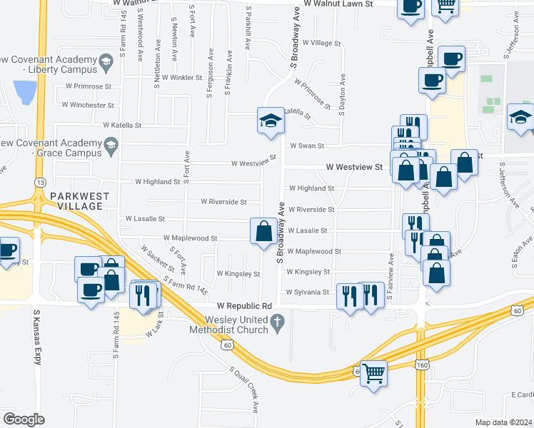 map of restaurants, bars, coffee shops, grocery stores, and more near 3942 South Parkcrest Avenue in Springfield