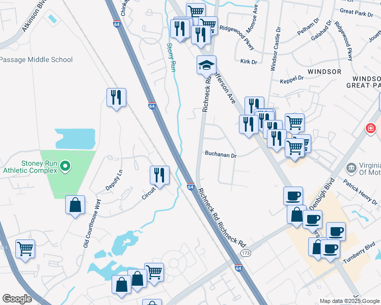 map of restaurants, bars, coffee shops, grocery stores, and more near 119 Richneck Road in Newport News