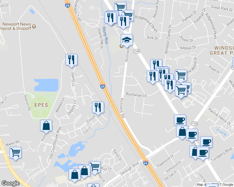 map of restaurants, bars, coffee shops, grocery stores, and more near 119 Richneck Road in Newport News